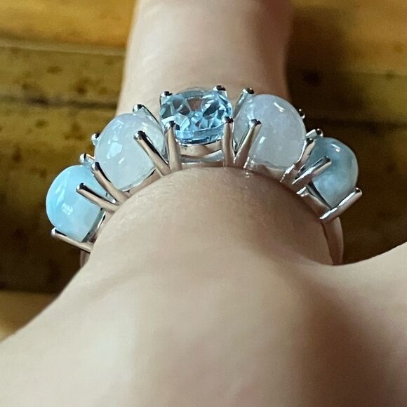 Blue Topaz Rainbow Moonstone Sterling Silver Ring Size 6 - Picture 2 of 9